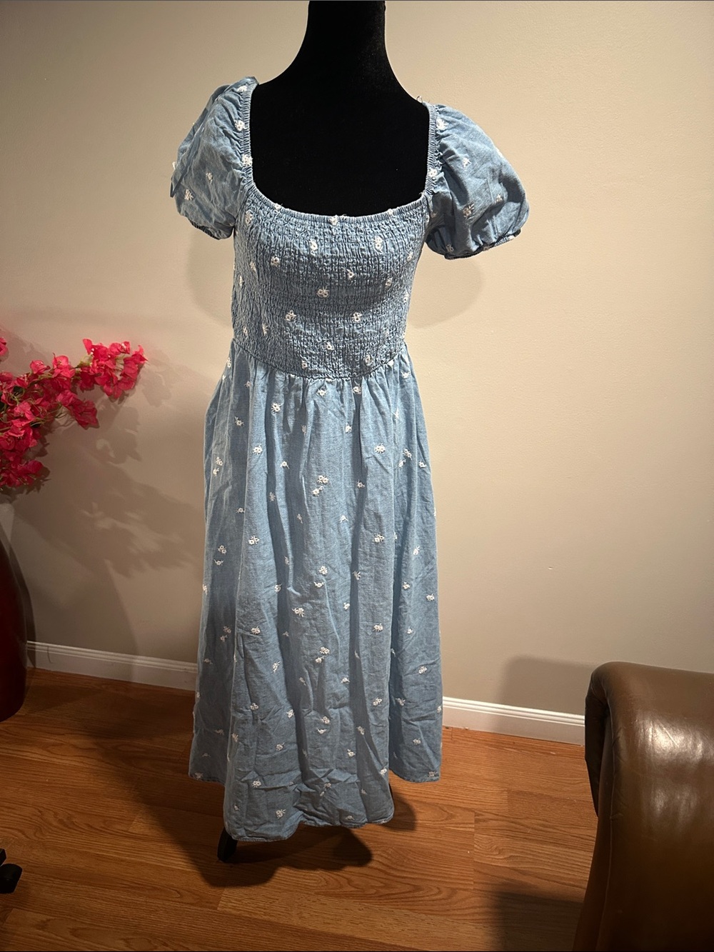 Light Blue Puff-Sleeve Smocked Midi Dress